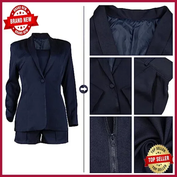 Women's 3-Piece Blazer Set with Crop Top and Shorts Slim Fit Business Suit - Picture 3 of 7